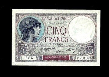 FRANCJA 5 FRANKÓW 1927 P#72d AUNC