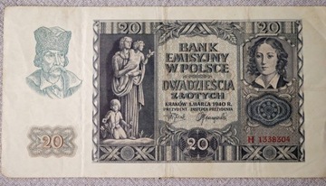 banknot 20 zł 1940 r. seria H