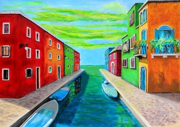 Obraz, intensywne kolory, włoskie miasteczko