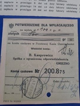 B.Kasprowicz Gniezno potwierdzenie wpłaty 1939r