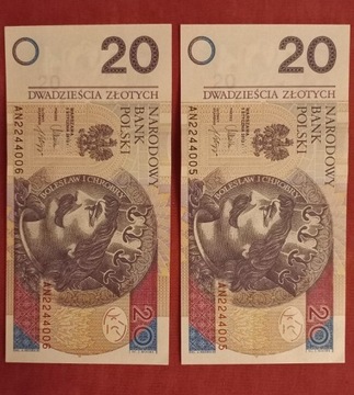Banknoty 2 szt. 20zł seria AN stan kolekcjonerski