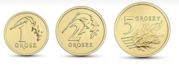 Zestaw 1, 2, 5 gr groszy 2018 z woreczka