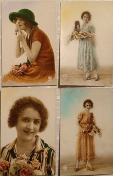Zestaw 4 pocztówek portret kobiety przedwojenne 
