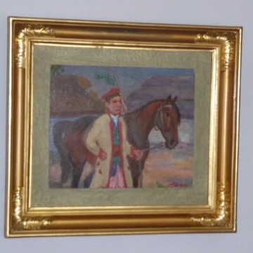 Obraz - olejny na dykcie  pt. " Krakus z koniem" 