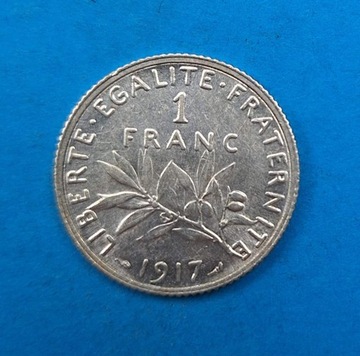 Francja 1 frank 1917, bdb stan, srebro 0,835