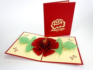 Kartka 3D Kwiaty Piękny czerwony kwiat piwonii K