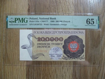 BANKNOT PRL 200000 ZŁOTYCH 1989 ROK WARSZAWA GRADING PMG 65 UNC