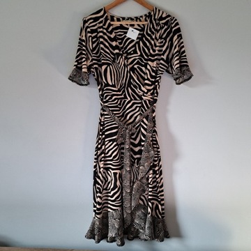 Oasis sukienka kopertowa z falbanami L 40 42 zebra