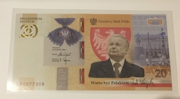 Banknot Lech Kaczyński 20 zł z folderami