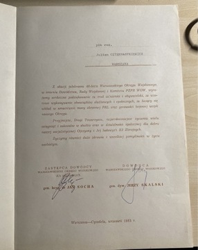 Gen. Jerzy Skalski dowódca WOW dokument z podpisem