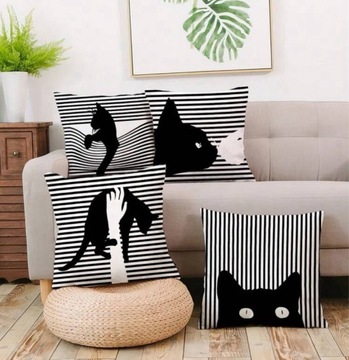 Zestaw 4 szt poszewki na poduszki z czarnym kotem dla kociarzy 45x45
