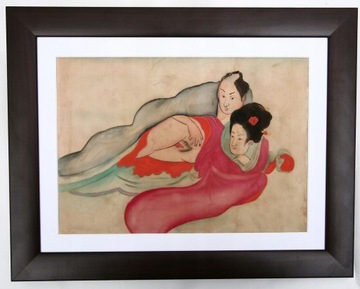 EROTYK piękny japoński obraz na jedwabiu z XIX w 
