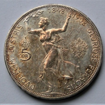 Austro Węgry 5 Koron1908r. - srebro,około mennicza