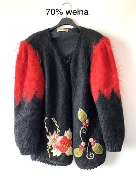 Wełniany kardigan vintage moher sweter kwiaty