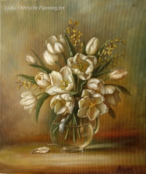 Kwiaty Białe Tulipany, obraz olejny, L. Olbrycht
