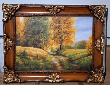 Obraz olejny pejzaż jesienny zdobiona rama 70x90