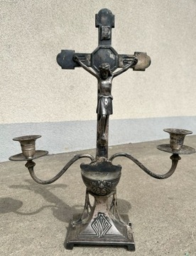 Stary świecznik kropielnica Jezus krzyż Art Deco 