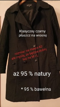 Płaszcz czarny klasyczny na wiosnę 42 40 XL L