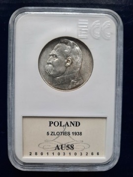 5zł 1938 Józef Piłsudski Au58 Grading srebro