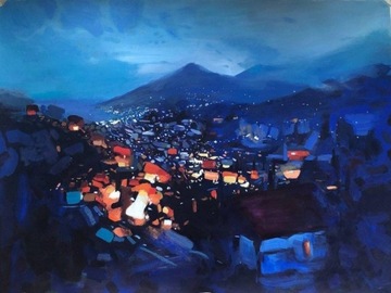 Obraz tempierowy "Nocne miasto"  E.Pawłowiec