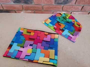Zestaw Tetris czapka + komin 6-8 lat Handmade 