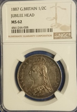 1/2 korony 1887 r. Wielka Brytania NGC MS 62 