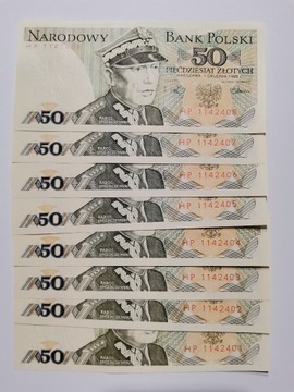 Banknoty 50zł.'88r. zestaw niskie numery UNC /8szt