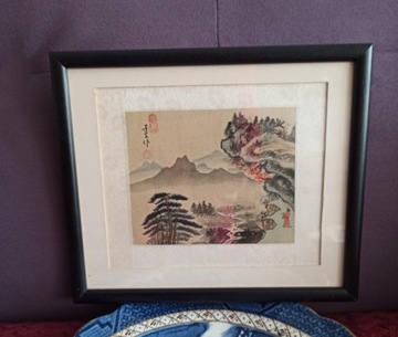 Obraz malowany na jedwabiu pejzaż Japonia sygntura