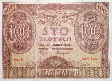 Stary banknot Polska 100 zł 1940 rok Gubernia 