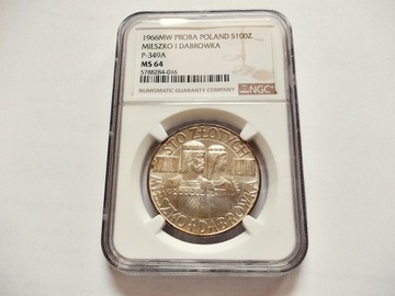 MIESZKO I DĄBRÓWKA 100 zł 1966 próba, NGC MS64