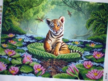 Obraz, haftowany koralikami"Tygrysek" rękodzieło