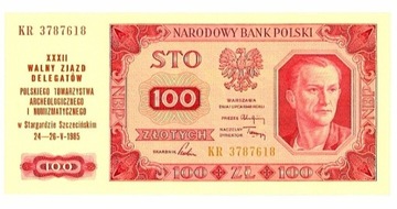 Banknot 100zl serii KR 1948r stan 1 z nadrukiem