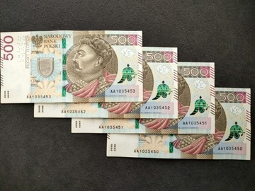 Banknoty 500 zł seria AA 4 szt kolejne nr