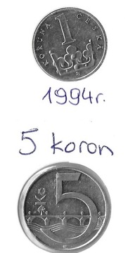 CZECHY, 1 i 5 czeskich koron z 1994 i 2004, stan 3