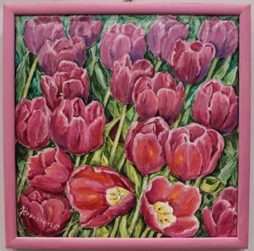 Ręcznie malowany obraz, 40x40, tulipany akryl/olej