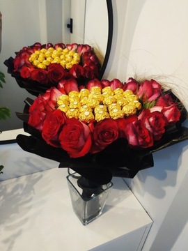 Słodki bukiet Ferrero Rocher żywe róże kwiaty podziękowania