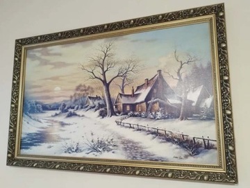 obraz olejny domek w  zimę 