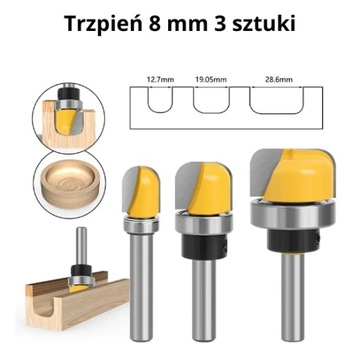 Zestaw 3 frezów z górnym łożyskiem zaokrąglających