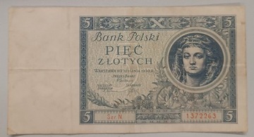 Banknot 5 złotych 1930 r. seria jednoliterowa N rzadki