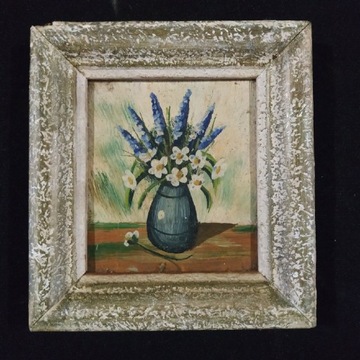 Mały obrazek w ramce kwiaty w wazonie handmade