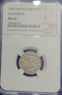 1/2 grosza Aleksander 1501-06 r.  Wilno NGC MS63