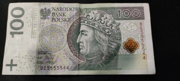Banknot 100 zł, ciekawy numer BE5555544
