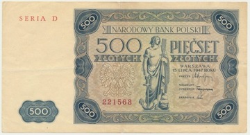 500 złotych 1947 bardzo ładny stan banknotu 