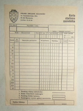 SZACHY KARTA STARTOWA ZAWODNIKA 1984 ROK