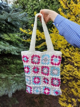 Torba tote bag wykonana na szydełku granny squares