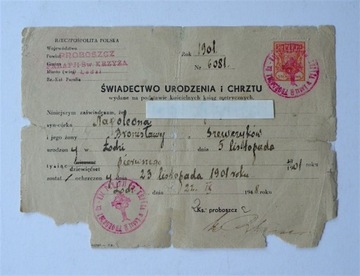 ŚWIADECTWO URODZENIA I CHRZTU - ŁÓDŹ 1948 r.