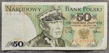 Banknot 50 zł z 1988 r. Z obiegu. 