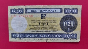 Bon towarowy 20 centów Pekao 1979 r.