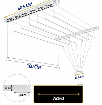 SUSZARKA SUFITOWA NA PRANIE 7x160 7 PRĘTÓW 160CM