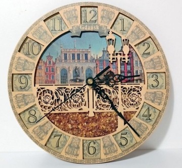 Wood-art zegar ścienny Gdańsk drewno + bursztyn 
